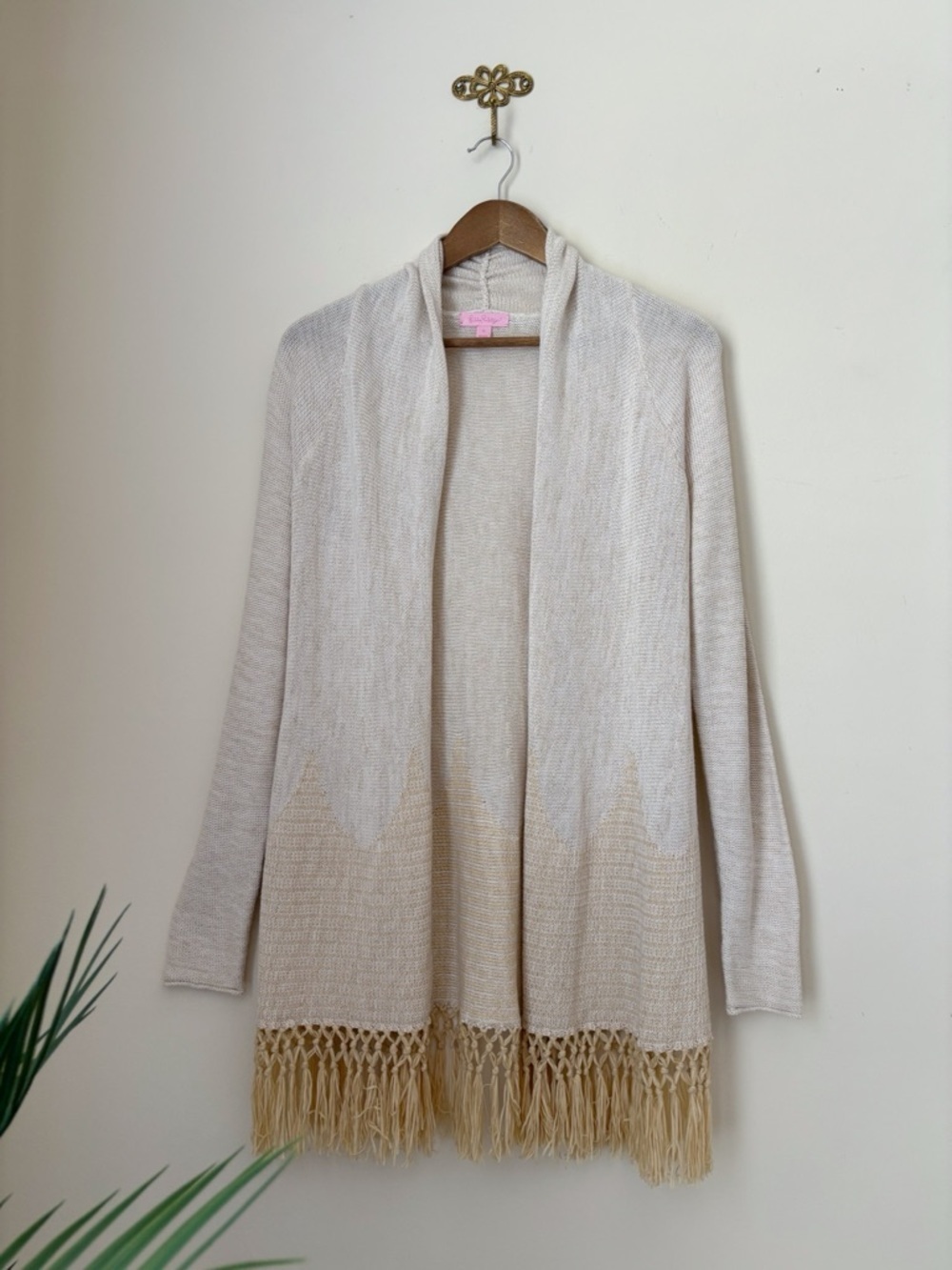 Lilly Pulitzer Tatum Gold Metallic Longline Fringe Hem Cardigan Sweater Small